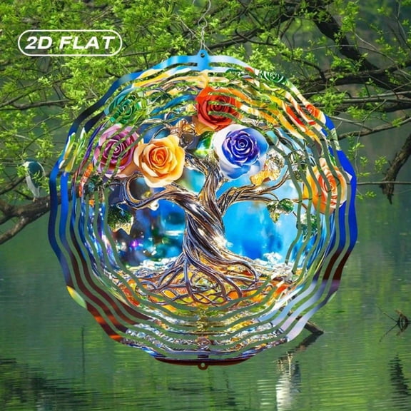 HELLOYOUNG Flat Bohemian Tree of Life Wind Spinner Metal Suncatcher with Roses Leaves Outdoor Indoor Garden Decor Weatherproof Ornament, Holiday Gift for Christmas