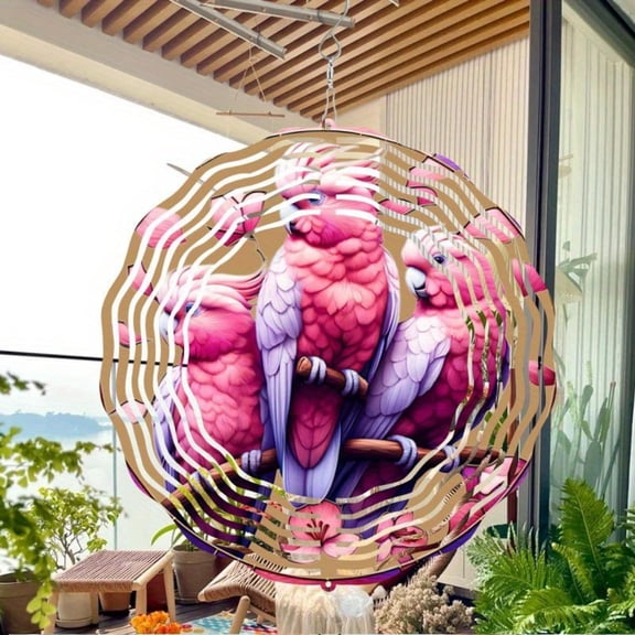 HELLOYOUNG Flat Pink Parrot Wind Spinner Bohemian Metal Suncatcher with Floral Design Colorful Bird Decor for Garden Patio Yard Indoor Outdoor Wall Art Weatherproof Wind-powered Pendant