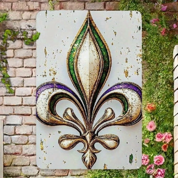 HELLOYOUNG Fleur-de-Lis Metal Tin Sign Thick Iron Vintage Mardi Gras Wall Art Durable Indoor Outdoor Decor For Home Bar Garage Garden Festive Wreath Decoration Aluminum Plaque Signs Mural Art