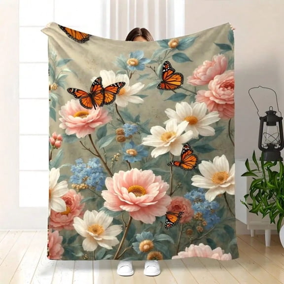 HELLOYOUNG Floral Butterfly Fleece Throw Blanket Soft Cozy Lightweight Vintage Peony Daisy Monarch Print Home Decor Gift for Women