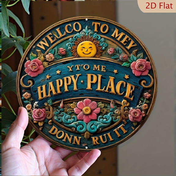 HELLOYOUNG Floral Sun Metal Wall Art Sign, 8x8 Inch Happy Place Decor for Home Office Room, Vintage Tin Sign Gift