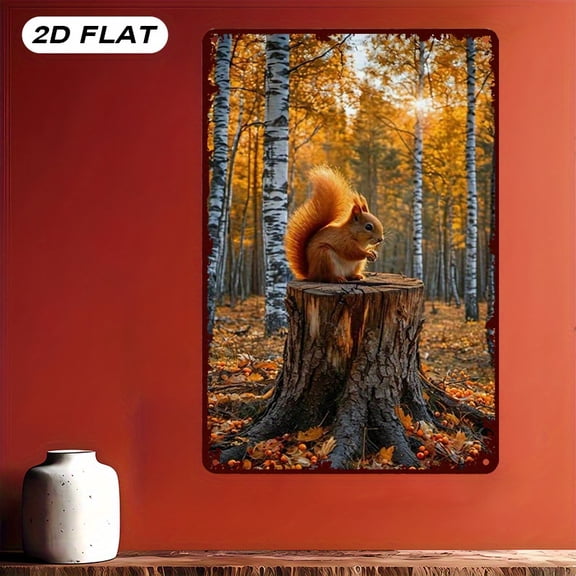 HELLOYOUNG Forest Metal Wall Decor Vintage Art Sign 8x12 Inch 2D Red Squirrel Autumn Landscape Painting for Living Room Home Bar Resta