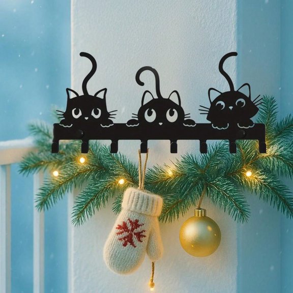 HELLOYOUNG Forged Iron 5-Hook Cat Key Holder Wall Mount, Christmas Feline Decor for Entryway Bathroom Storage, Easy Install Organizer Rack Holiday Gift