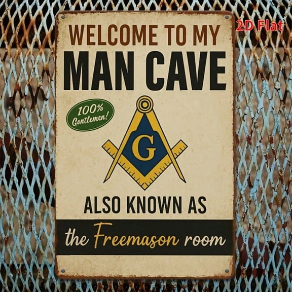 HELLOYOUNG Freemason Masonic Sign Welcome To My Man Cave Rustic Iron Wall Decor 8x12 Inch Vintage 2D Flat Metal Art for Home Bar Garage Man Cave