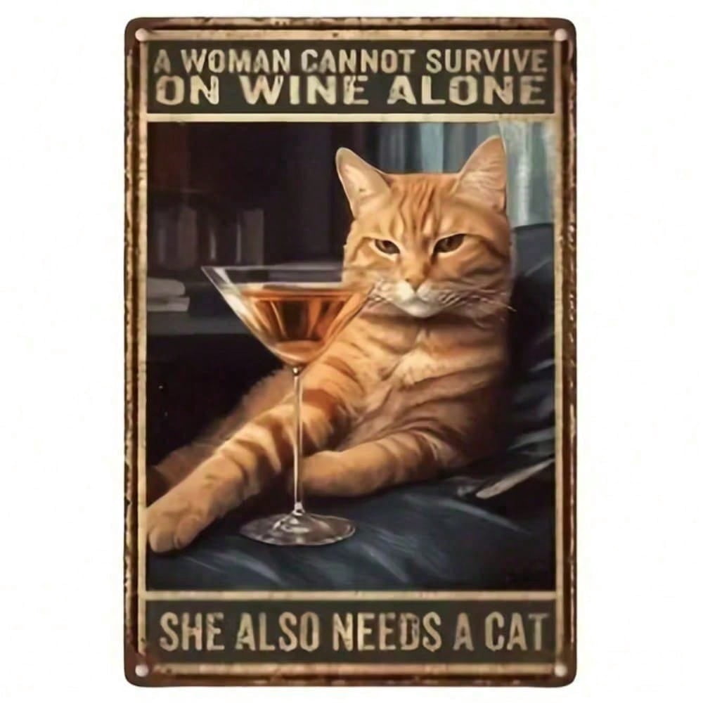 HELLOYOUNG Funny Cat Wine Sign Vintage Metal Wall Decor 8x12 Inch Retro ...