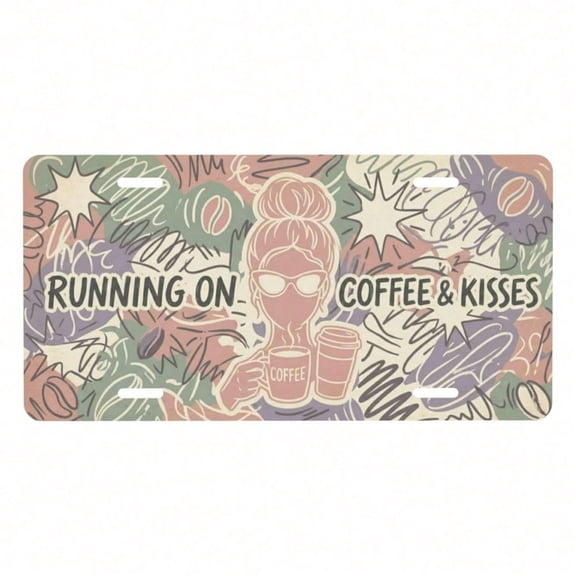 HELLOYOUNG Funny Coffee Kisses License Plate 12x6 Inch, Rustproof Aluminum Wall Decor for SUV Truck Garage, Novelty Vanity Plate with Cute Text, Hilarious Gift for Mom Women Coffee Lovers Auto Enthus
