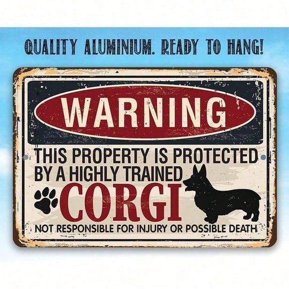 HELLOYOUNG Funny Corgi Metal Sign, Rustproof Aluminum Yard Art Decor, Warning Property Protected By Dog, Cute Gift for Home Garden Patio Fence