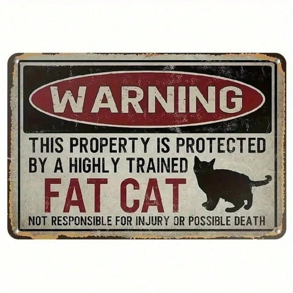 HELLOYOUNG Funny Fat Cat Vintage Metal Warning Sign, Retro Home Security Plaque Novelty Indoor Outdoor Wall Decor 8x12 Inch