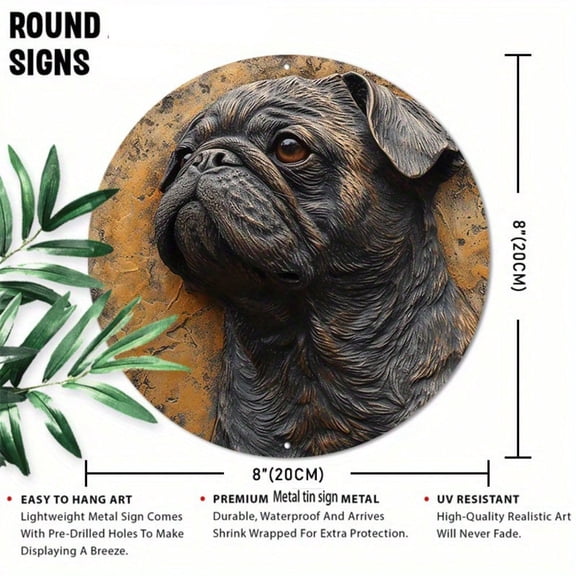 HELLOYOUNG Funny Pug 8x8 Inch Round Metal Sign, Easy Install Wall Art for Home Garden Kitchen Cafe Decor, Cute Dog Gift