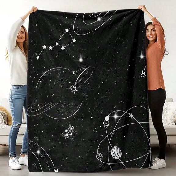 HELLOYOUNG Galaxy Fleece Blanket Soft 100% Polyester Throw, Lightweight All-Season Camping Blanket with Stars Planets Print, Machine Washable Home Decor