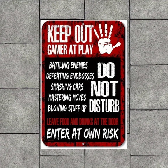 HELLOYOUNG Gamer Metal Wall Sign Keep Out Gamer At Play 12x8 Inch Aluminum Tin Sign Funny Man Cave Game Room Office Decor