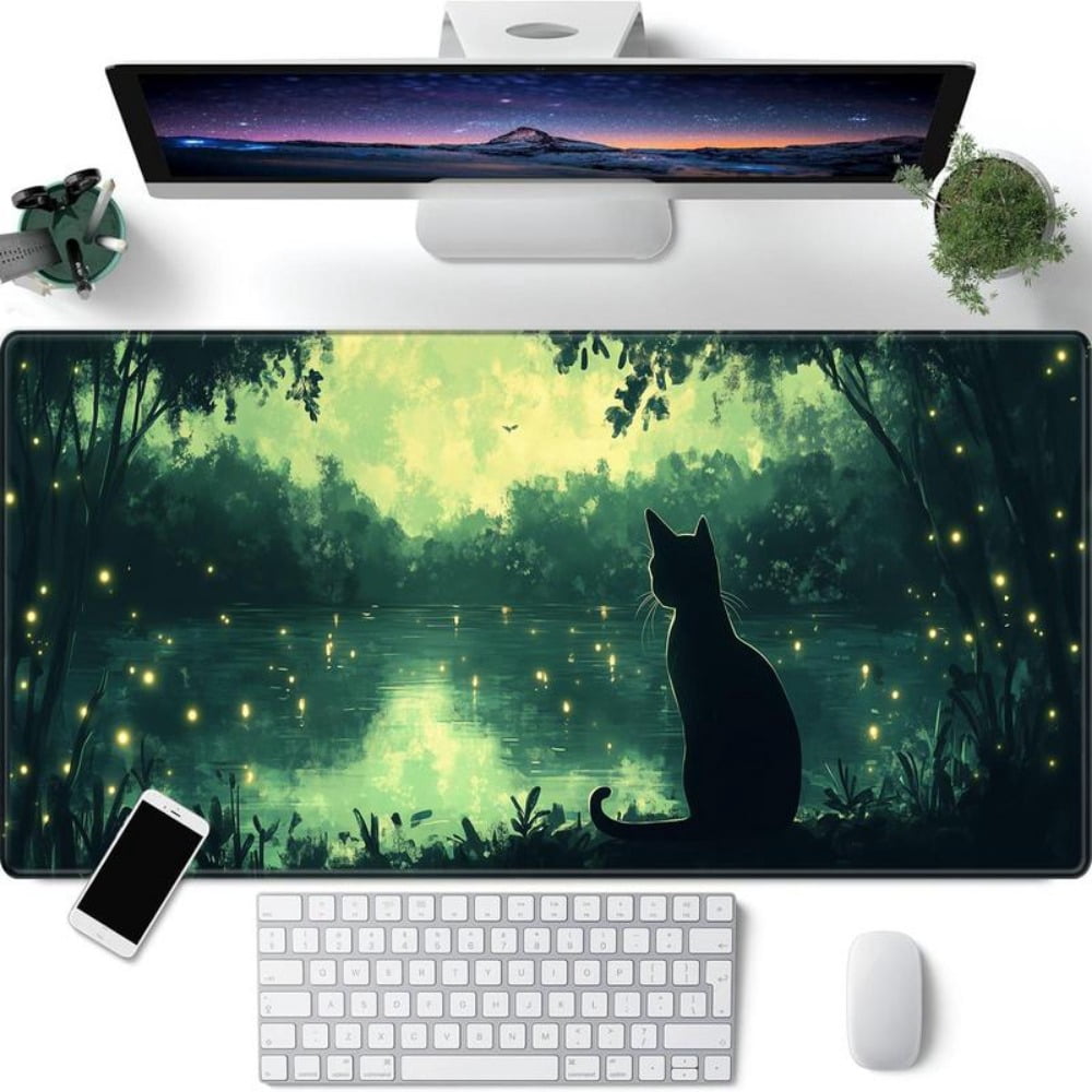 HELLOYOUNG Gaming Mouse Pad, Extra Large Non-Slip Mouse Mat, Cat and Forest Pattern Computer Desk Pad with Stitched Edges for Office & Home Decor