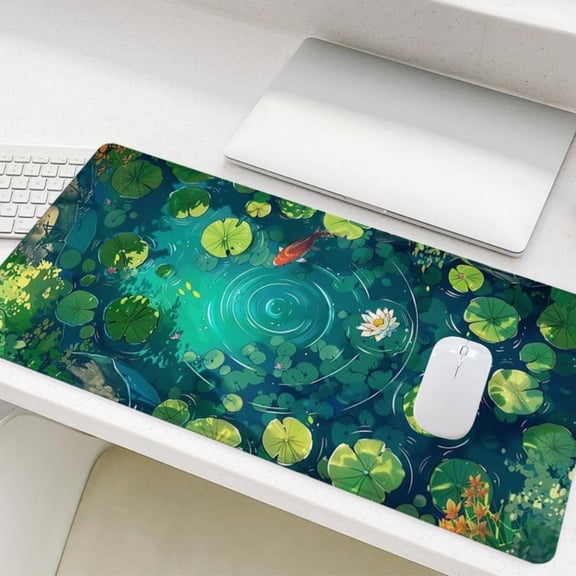 HELLOYOUNG Gaming Mouse Pad, Lotus Leaf Koi Fish Print Desk Mat, Non-Slip Rubber Base Stitched Edge, Large Rectangular Office Computer Accessory for Home Game Room