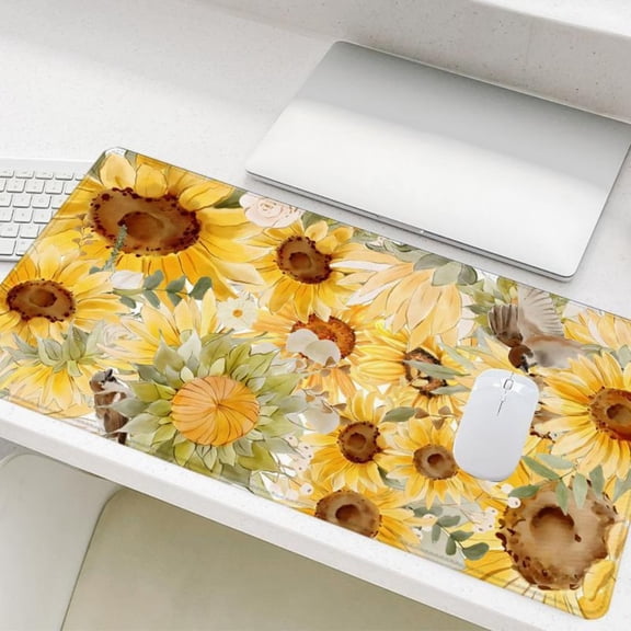 HELLOYOUNG Gaming Mouse Pad, Sunflower Pattern Rectangular Desk Mat, Non-Slip Rubber Base Stitched Edge, for Office PC Gaming