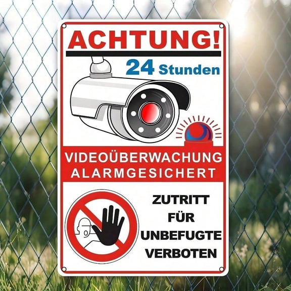 HELLOYOUNG German Security Alarm Sign, Heavy Duty Iron Metal Plaque, Red Camera Outdoor Warning Sign 8x12 Inch Frameless Decor