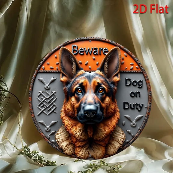 HELLOYOUNG German Shepherd Duty Sign Orange Gray Metal Wall Art, Round Aluminum Plate Home Decor for Office Farm