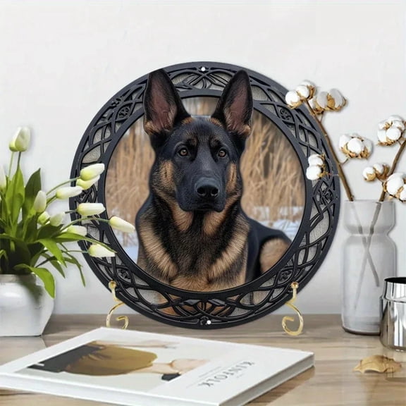HELLOYOUNG German Shepherd Metal Sign - Faux Laser Cut Iron, Round Living Room Wall Decor, Pet Lover Gift