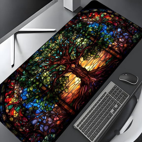 HELLOYOUNG Giant Tree Pattern Gaming Mouse Pad, Large Non-Slip Rubber Desk Mat for Office & Home, Durable Stained Glass Art Design, Smooth Surface for Precise Control