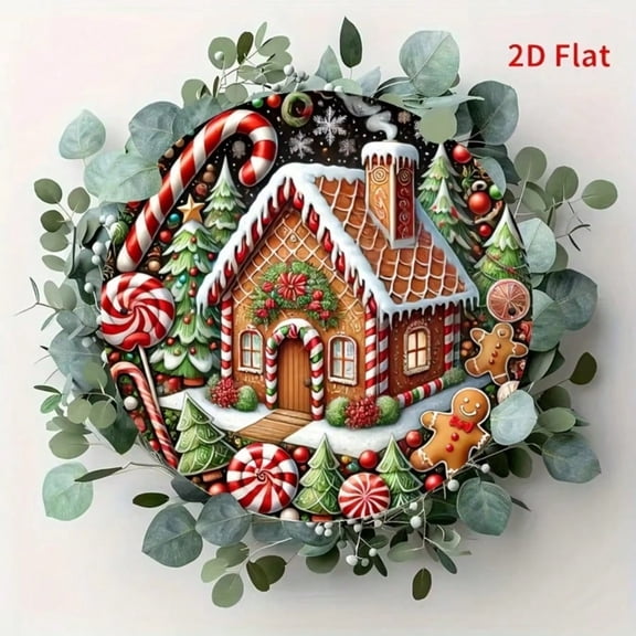 HELLOYOUNG Gingerbread House Christmas Tree Metal Wall Art, Round Iron Sign Festive Holiday Decor for Home Bar Kitchen