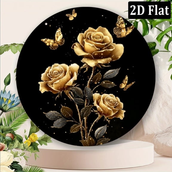 HELLOYOUNG Gold Rose Butterfly 8x8 Inch Wall Art Plaques & Signs Glitter Floral Aluminum Sign for Women Mom Friend Gift