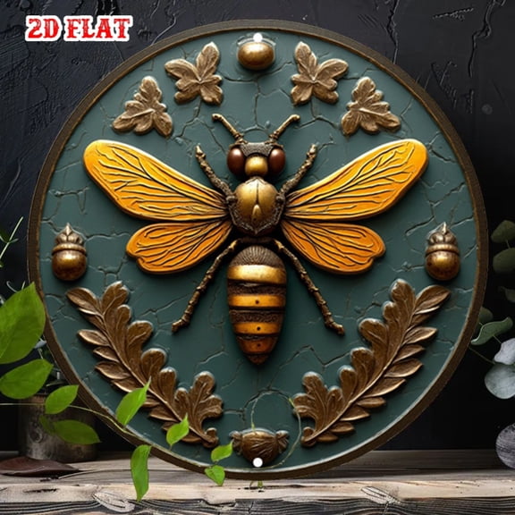 HELLOYOUNG Gold Wings 7.8 Inch Rustic Metal Round Sign Vintage Insect Wall Art for Home Garage Cafe Decor