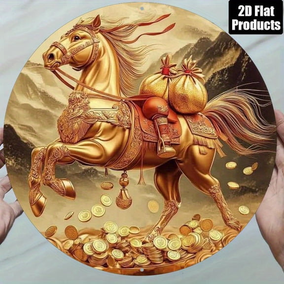 HELLOYOUNG Golden Horse Coin Aluminum Wall Art 20x20cm Retro Symbol of Wealth Decor, Red Bag Gift for Home Office Prosperity Modern Metal Wall Hanging