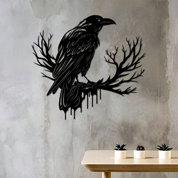 HELLOYOUNG Gothic Black Metal Crow Wall Art, Vintage Iron Bird Silhouette Wall Pediments for Witchy Bedroom Halloween Celestial Theme, Large Raven Wall Decor for Cafe Alt-Style Spooky Home