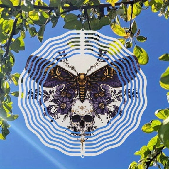 HELLOYOUNG Gothic Metal Wind Chime Outdoor Purple Moth Skull Design Weather-Resistant Garden Patio Decor