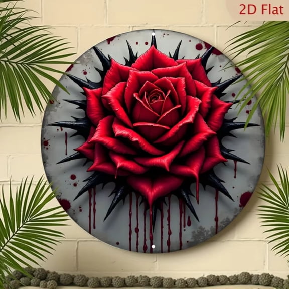HELLOYOUNG Gothic Red Rose Metal Wall Art Sign, 2D Round Wall Decor for Living Room Cafe, Easy Hang Garden Home Decor Gift