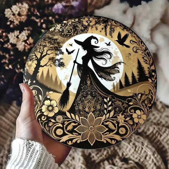 HELLOYOUNG Gothic Witch Wall Art Spring Round Metal Sign 8x8 Inch Artistic Flower Wreath Decoration for Kitchen Circular Seasonal Home Decor