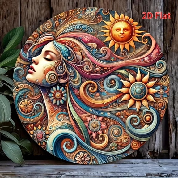 HELLOYOUNG Handcrafted Gilded Patina Round Metal Wall Art – Sun-Moon Celestial Mandala | Rustic Boho Decor for Indoor/Outdoor Sanctuaries