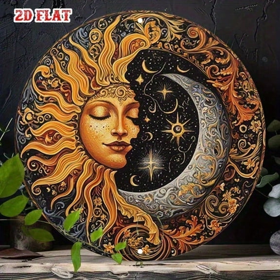 HELLOYOUNG Handmade Vintage Sun and Moon Metal Wall Decor, 3D Sculptural Aluminum Art, Celestial Boho Design for Living Room Bedroom, Unique