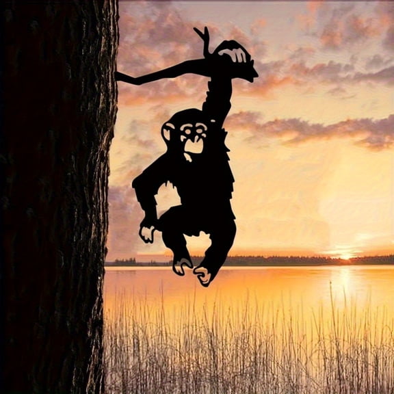 HELLOYOUNG Hanging Monkey Metal Tree Art, Animal Silhouette Iron Tree Stake, Garden Yard Decor Ornament