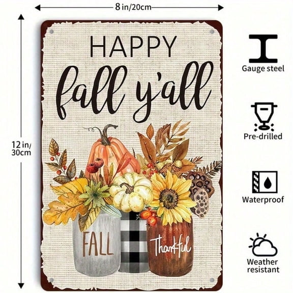 HELLOYOUNG Happy Fall YAll Metal Sign 8x12 Inch, Sunflowers Pumpkins Autumn Wall Art, Cozy Thanksgiving Decor for Living Room Kitchen Home