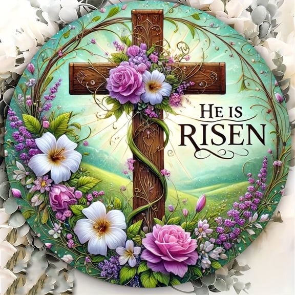 HELLOYOUNG He Is Risen Wooden Cross Wall Plaque, Religious Wall Art Easter Decor 8x8 Inch, Spring Flowers Rustic Home Decor