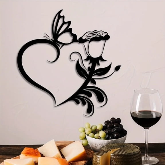 HELLOYOUNG Heart Shaped Metal Wall Art Decor, Geometric Rose and Butterfly Wall Sculpture for Home Living Room Bedroom, Outdoor Garden Patio Decoration, Housewarming Gift