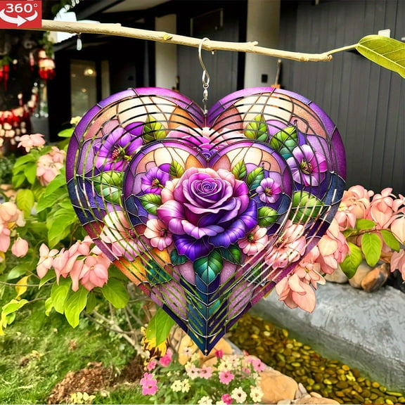 HELLOYOUNG Heart Wind Chime Purple Roses, 360 Rotating Metal Wind Spinner, Outdoor Stained Glass Effect Garden Decor, Indoor Hanging Ornament for Wedding Christmas, No Battery Required Elegant Gift