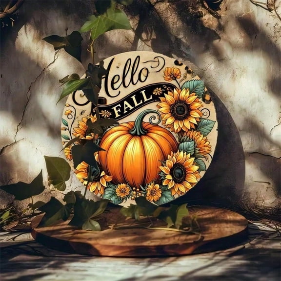 HELLOYOUNG Hello Fall 8x8 Inch Round Metal Sign Rustic Tin Wall Art Vintage Farmhouse Home Decor Thanksgiving Kitchen Decoration