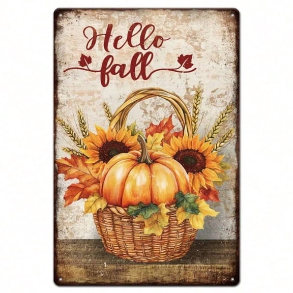 HELLOYOUNG "Hello Fall" Metal Tin Sign Vintage Pumpkin Basket Wall Art Plaque, Rustic Farm Thanksgiving Decor for Home Office Autumn Gift