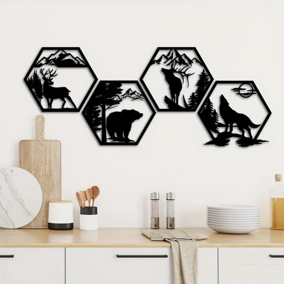HELLOYOUNG Hexagon Metal Wall Art Decor Set of 4, Rustic Black Animal Wall Decor with Deer and Wolf, Cabin Hunting Lodge Woodland Home Decor, Wild Gifts for Men