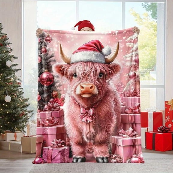 HELLOYOUNG Highland Cow Christmas Throw Blanket Cozy Flannel Quilted Digital Print, Soft Polyester All-Season Multipurpose for Home Office Travel Nap Camping, Highland Cows with Santa Hats Pattern