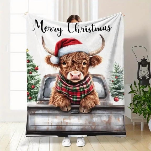 HELLOYOUNG Highland Cow Christmas Throw Blanket Cozy Flannel Quilted Digital Print, Soft Polyester All-Season Multipurpose for Home Office Travel Nap Camping, Highland Cows with Santa Hats Pattern
