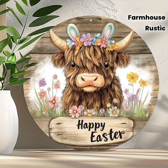 HELLOYOUNG Highland Cow Metal Wall Art 8x8 Inch Rustic Farmhouse Decor for Home Kitchen Cafe Easter Christmas Gift