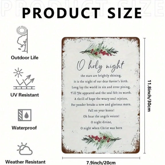 HELLOYOUNG Holy Night Metal Sign Wall Art Decor, O Holy Night Scripture Aluminum Sign, 8x12 Inch Rustic Religious Home Christmas Decor