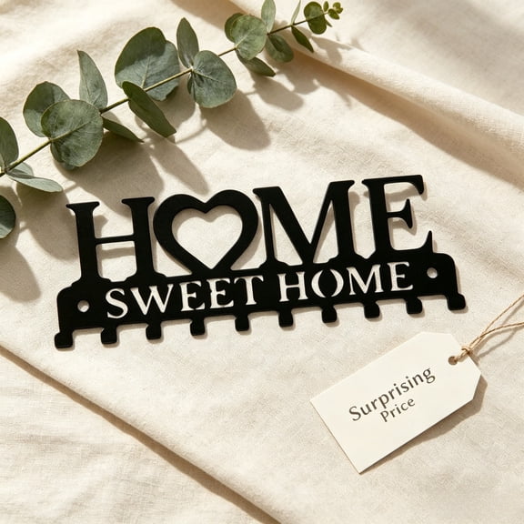 HELLOYOUNG Home Sweet Home Black Metal Wall Hook, Sturdy Iron Key Holder Decorative Hanging Rack for Entryway Living Room Organization Key Holder Name/Number Available