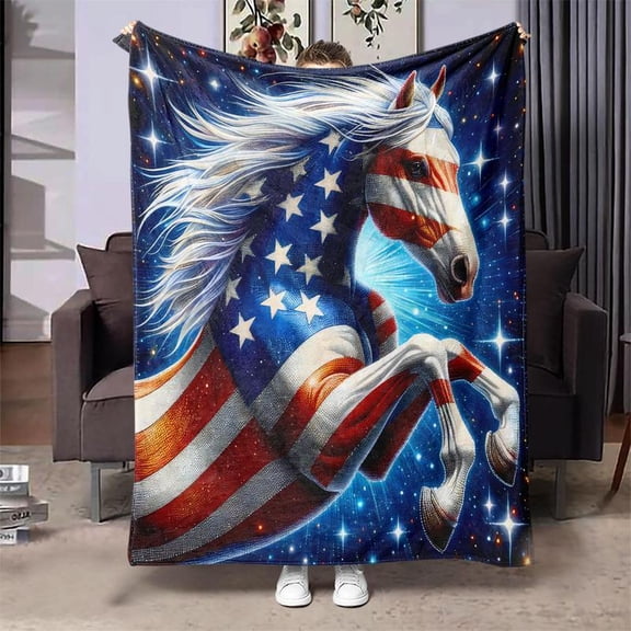 HELLOYOUNG Horse Pattern American Flag Print Soft Blanket, Cozy Fleece Throw Blanket for Bedroom, Flannel Plush for Home Office Travel Nap, Warm Air Conditioned Room Bedding