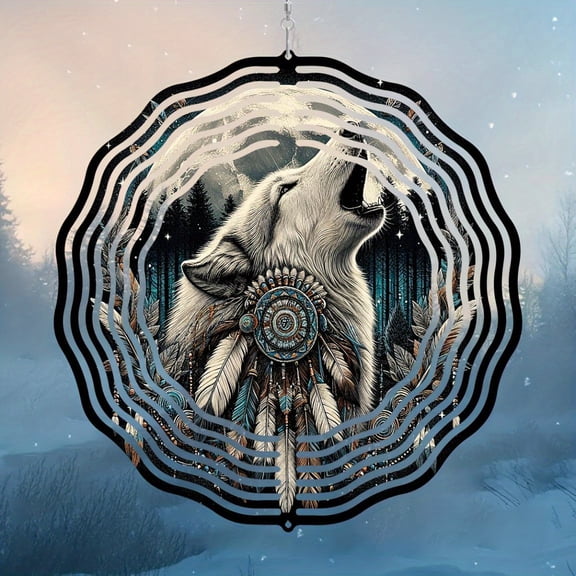 HELLOYOUNG Howling Wolf Wind Spinner 10 Inch Metal Mandala Wind Chime Outdoor Garden Art Decor Rustic Yard Stake Gift for Patio
