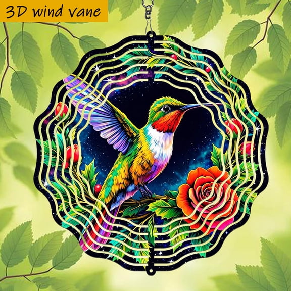HELLOYOUNG Hummingbird Wind Chimes Outdoor Metal Wind Chime Decor with Rotating Hook, 360 Rotation Garden Art Indoor Wall Hanging 10 Inch Round Wind Spinner for Patio Tree