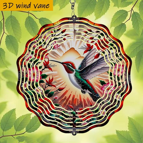 HELLOYOUNG Hummingbird Wind Spinner, 3D Rainbow Metal Wind Chime, 10 Inch 360 Wind Powered Outdoor Garden Decor, Easy Install Holiday Gift for Bird Lovers