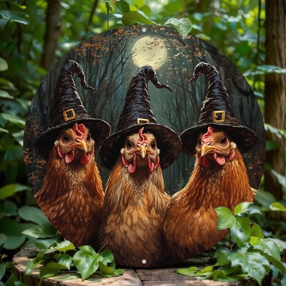 HELLOYOUNG Humorous Witch Chicken Aluminum Wall Art - Chicken on Witch Hat Moonlit Forest Decor, Halloween Christmas Gift for Farmhouse Kitchen Living Room
